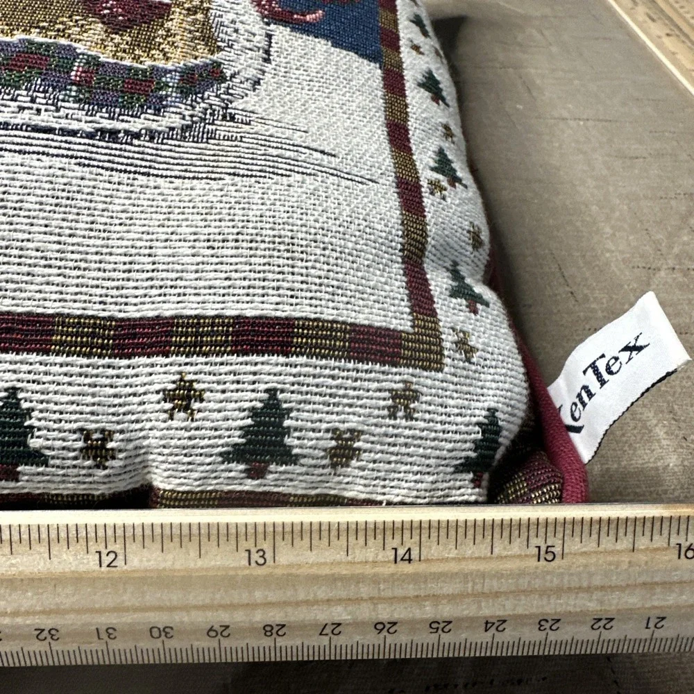 KenTex Tapestry Christmas Pillow Snowmen Birdhouse Made In USA Burgundy Blue